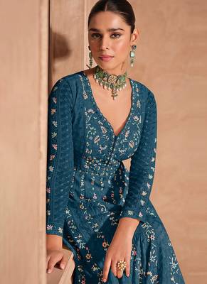 Teal blue chinon with embroidery sequence work chinon gowns 2