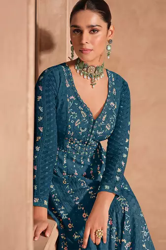 Teal blue chinon with embroidery sequence work chinon gowns