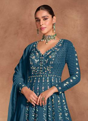 Teal blue chinon with embroidery sequence work chinon gowns 3
