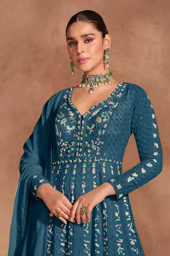 Teal blue chinon with embroidery sequence work chinon gowns