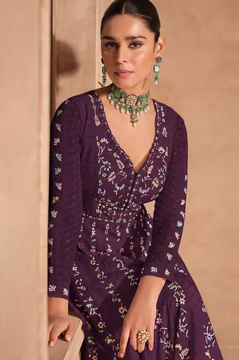 Wine chinon with embroidery sequence work chinon gowns