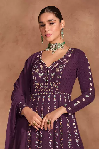 Wine chinon with embroidery sequence work chinon gowns