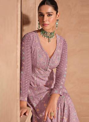 Pink chinon with embroidery sequence work chinon gowns 2