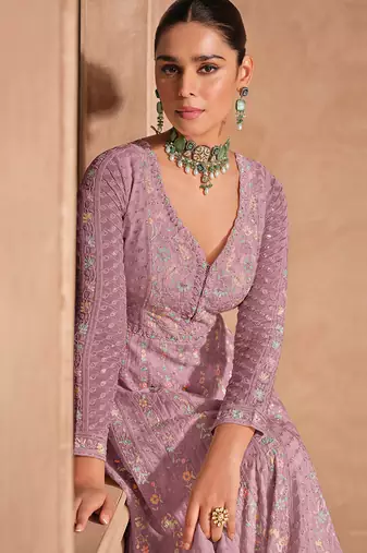 Pink chinon with embroidery sequence work chinon gowns