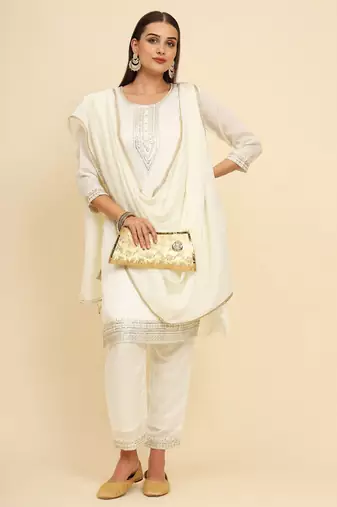 Off white silk blend embroidered kurta with pant and dupatta