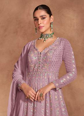 Pink chinon with embroidery sequence work chinon gowns 3