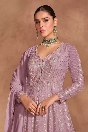 Pink chinon with embroidery sequence work chinon gowns