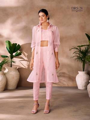 Light pink organza embroidered  top with pant and jacket 1