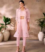 Light pink organza embroidered  top with pant and jacket