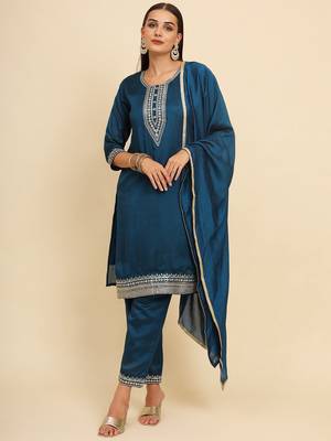 Teal Blue silk blend embroidered kurta with pant and dupatta 1
