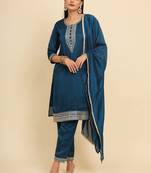 Teal Blue silk blend embroidered kurta with pant and dupatta