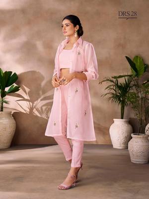 Light pink organza embroidered  top with pant and jacket 2