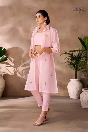 Light pink organza embroidered  top with pant and jacket
