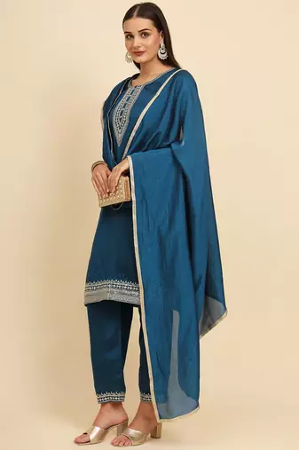 Teal Blue silk blend embroidered kurta with pant and dupatta