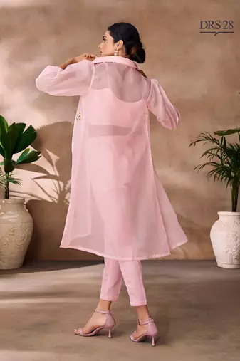 Light pink organza embroidered  top with pant and jacket