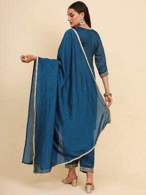 Teal Blue silk blend embroidered kurta with pant and dupatta 3
