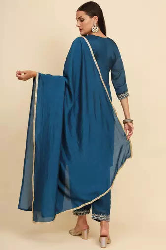 Teal Blue silk blend embroidered kurta with pant and dupatta