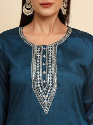 Teal Blue silk blend embroidered kurta with pant and dupatta 4