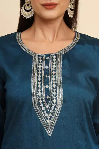 Teal Blue silk blend embroidered kurta with pant and dupatta