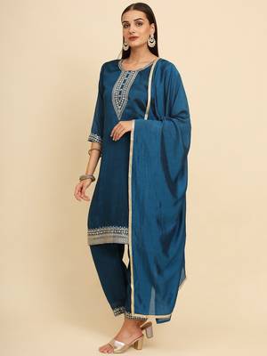 Teal Blue silk blend embroidered kurta with pant and dupatta 5