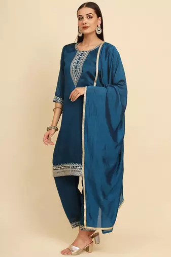 Teal Blue silk blend embroidered kurta with pant and dupatta
