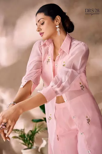 Light pink organza embroidered  top with pant and jacket