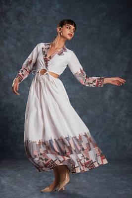 White linen printed dress 1