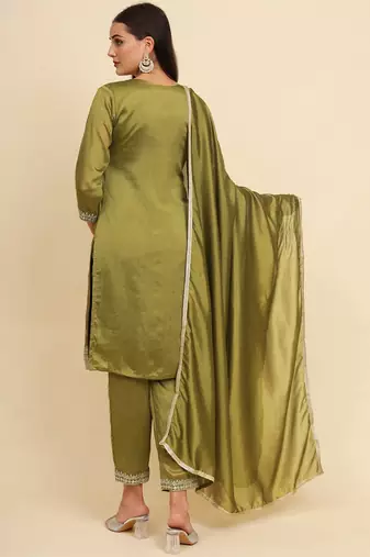 Green silk blend embroidered kurta with pant and dupatta