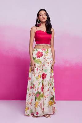 Pink organza top with printed plazzo and jacket set 2