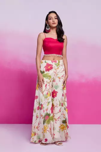 Pink organza top with printed plazzo and jacket set