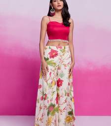 Pink organza top with printed plazzo and jacket set