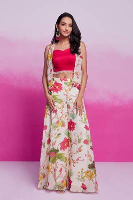 Pink organza top with printed plazzo and jacket set 1