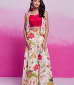 Pink organza top with printed plazzo and jacket set