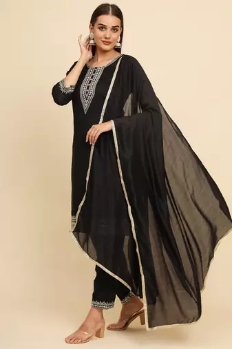 Black silk blend embroidered kurta with pant and dupatta