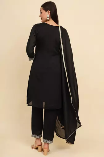 Black silk blend embroidered kurta with pant and dupatta