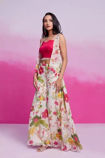 Pink organza top with printed plazzo and jacket set