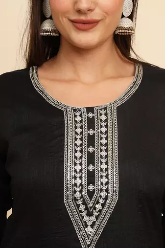 Black silk blend embroidered kurta with pant and dupatta