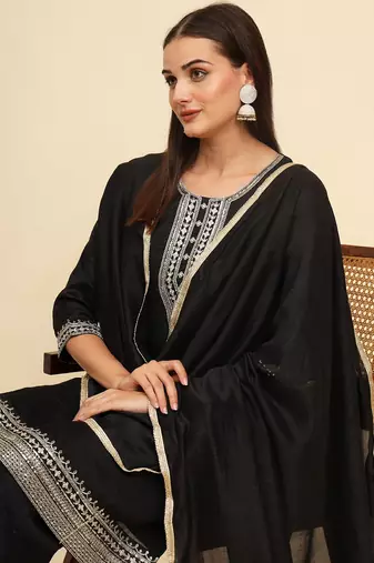 Black silk blend embroidered kurta with pant and dupatta