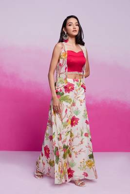 Pink organza top with printed plazzo and jacket set 4