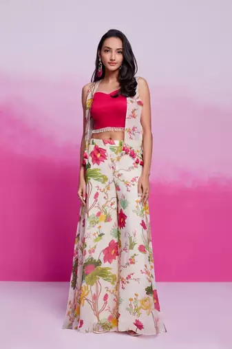 Pink organza top with printed plazzo and jacket set