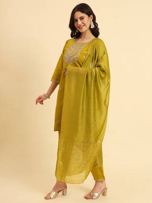 Olive Green silk blend embroidered kurta with pant and dupatta 2
