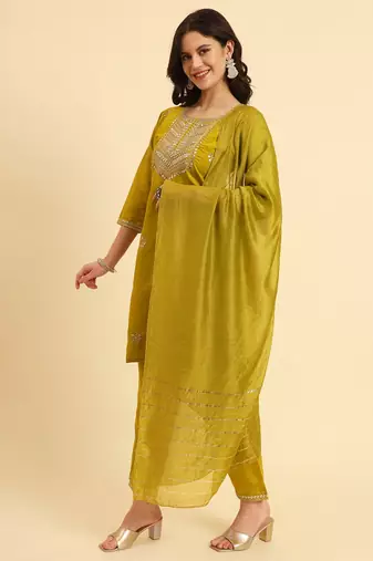 Olive Green silk blend embroidered kurta with pant and dupatta