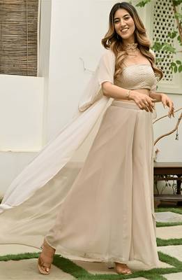 Beige georgette embroidered  top with plazzo and jacket set 1