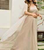 Beige georgette embroidered  top with plazzo and jacket set