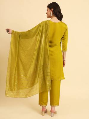 Olive Green silk blend embroidered kurta with pant and dupatta 3