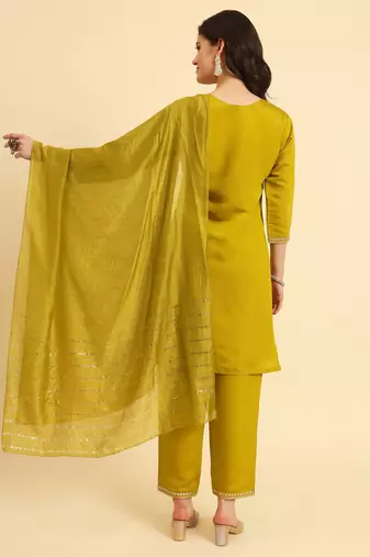 Olive Green silk blend embroidered kurta with pant and dupatta