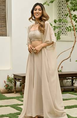 Beige georgette embroidered  top with plazzo and jacket set 2