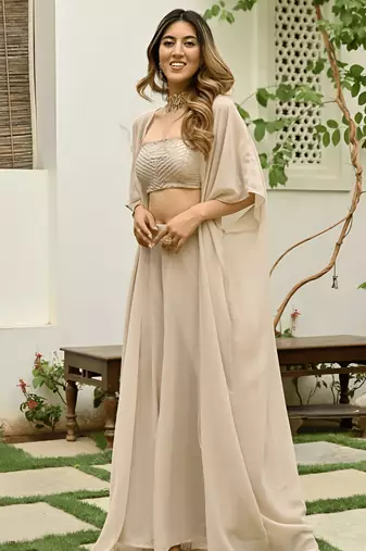 Beige georgette embroidered  top with plazzo and jacket set