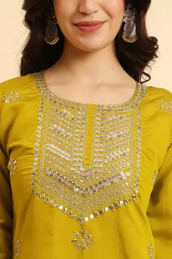 Olive Green silk blend embroidered kurta with pant and dupatta