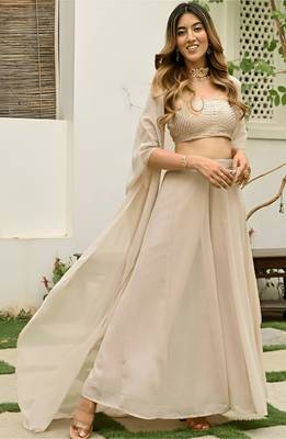 Beige georgette embroidered  top with plazzo and jacket set 3